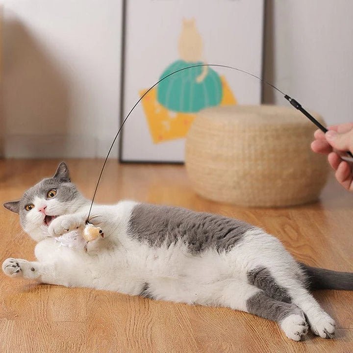 Interactive bird cat toy in action, engaging indoor cat with playful activity for physical and mental stimulation.