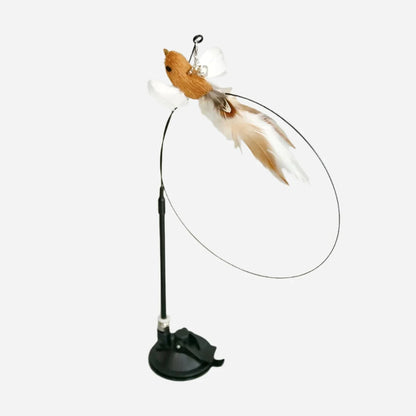 Interactive bird cat toy with suction cup base and brown bird, designed to entertain and engage cats during playtime.