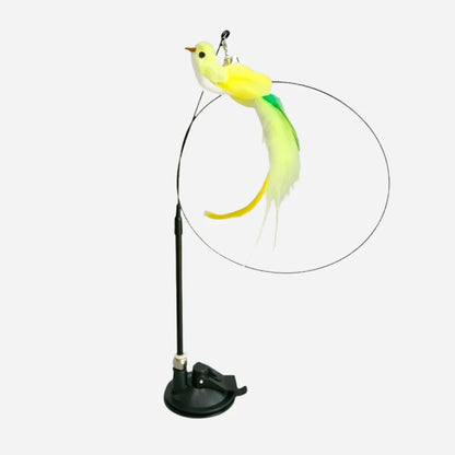 Interactive bird cat toy with suction cup base and dangling yellow bird, perfect for engaging feline playtime.