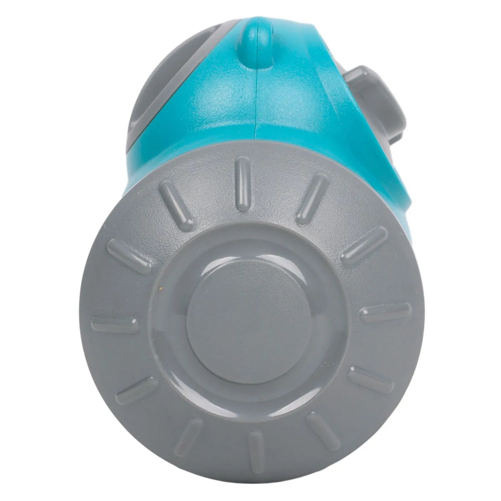 Side view of a blue and gray roller dog food dispensing toy