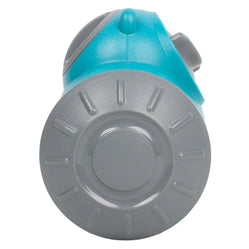 Side view of a blue and gray roller dog food dispensing toy