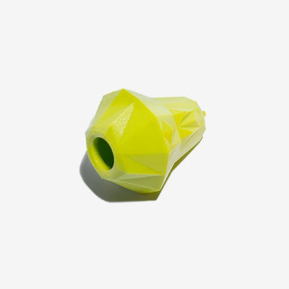 Interactive dog treat toy in bright yellow, designed with a geometric pattern for mental stimulation and treat dispensing.