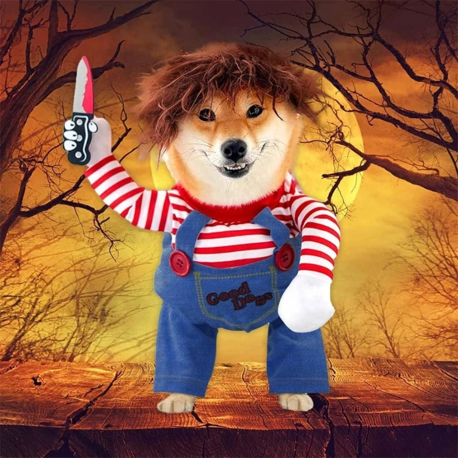 Large dog chucky costume on a tan dog with a spooky halloween backdrop