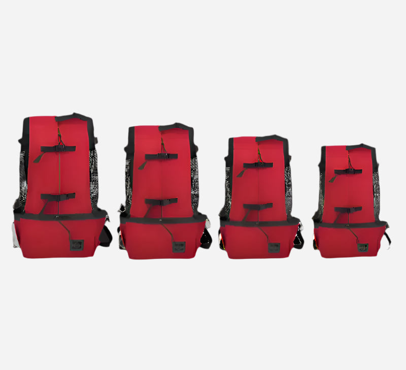 red dog carrier backpack range shown in four sizes: S 11 lbs, M 20 lbs, L 40 lbs, XL 66 lbs