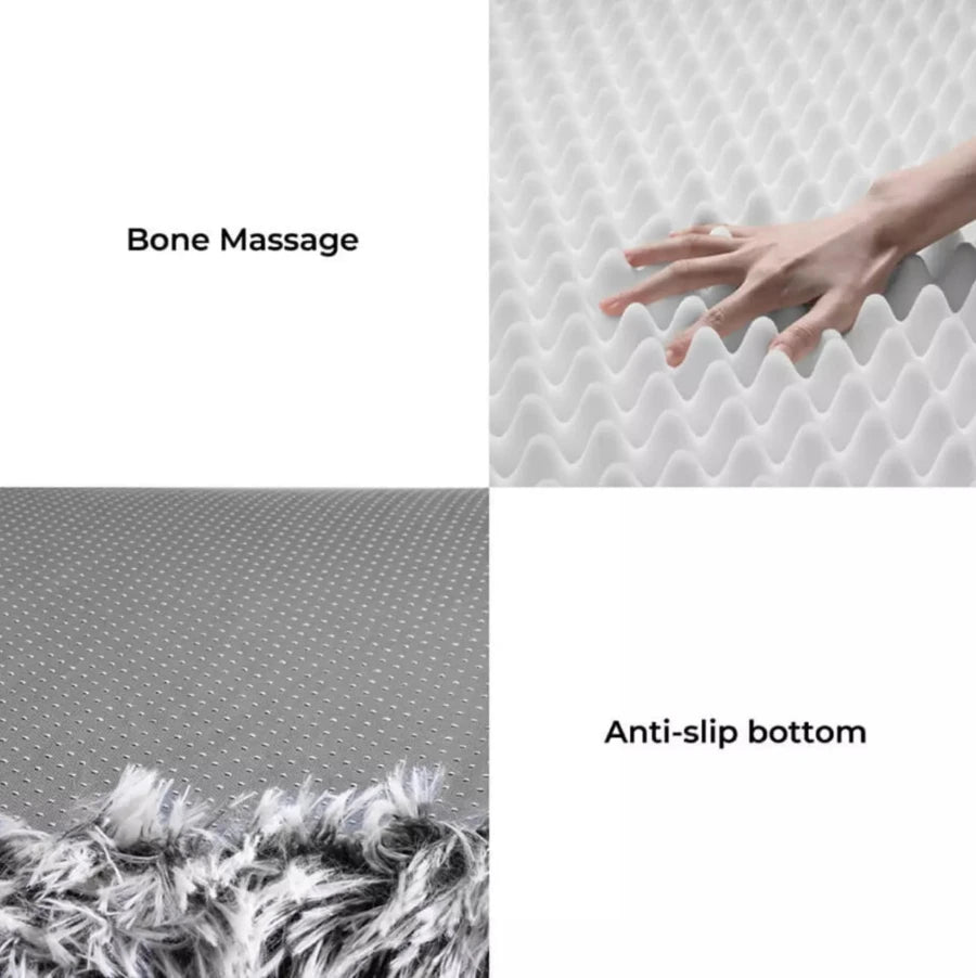 Features of a large fluffy human dog bed showcasing bone massage texture, anti-slip bottom, and soft cover.