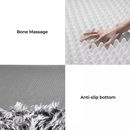 Features of a large fluffy human dog bed showcasing bone massage texture, anti-slip bottom, and soft cover.