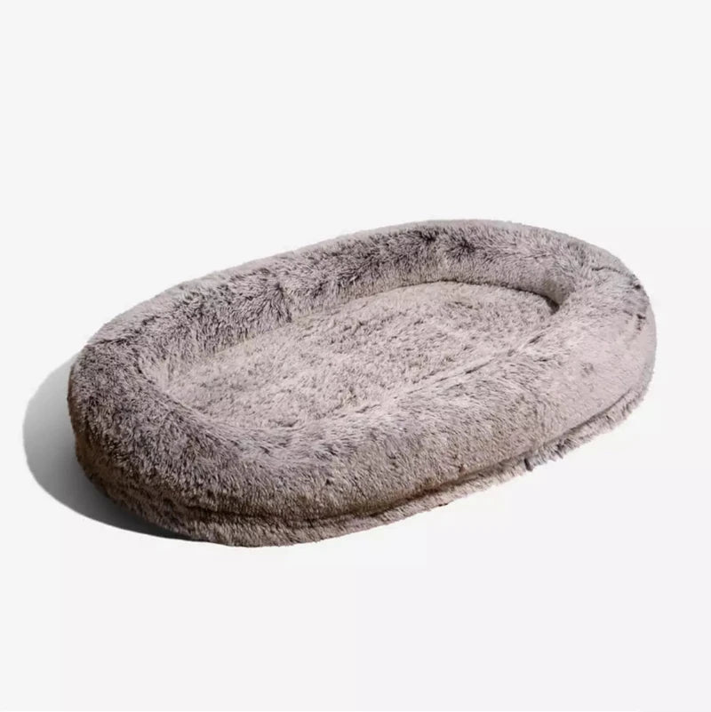 Cozy large fluffy dog bed with a soft brown fur design, ideal for pets to relax and sleep comfortably.