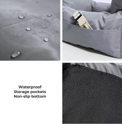 Waterproof dog car seat bed with non-slip bottom, storage pockets, and droplets on the surface.