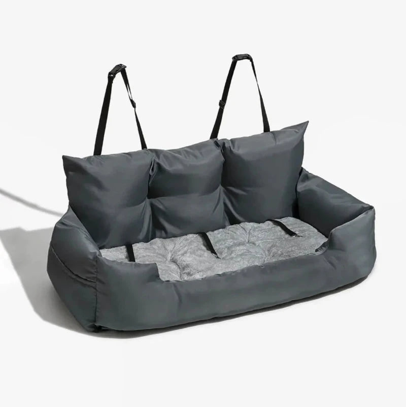 Large travel dog car seat bed with straps, perfect for providing comfort and safety during car trips. Waterproof design.