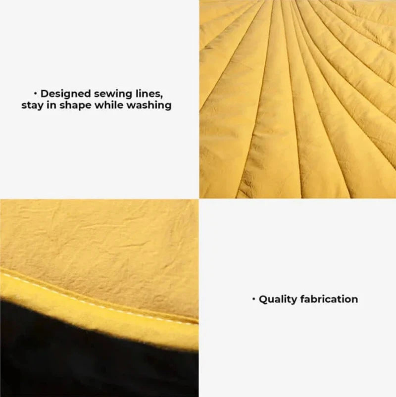 Detailed stitching and quality fabric showcase on a yellow quilted mat, ensuring durability and shape retention.