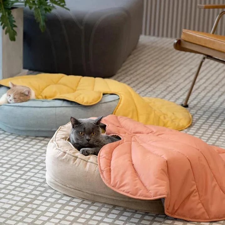 Cats resting comfortably on leaf-shaped pet mats, featuring cozy and colorful designs for added warmth and relaxation.