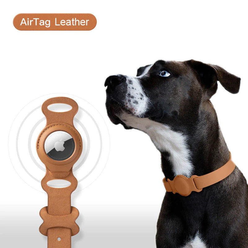 Brown leather AirTag collar holder for pets, providing stylish tracking for dogs, secure fit, and comfortable design.