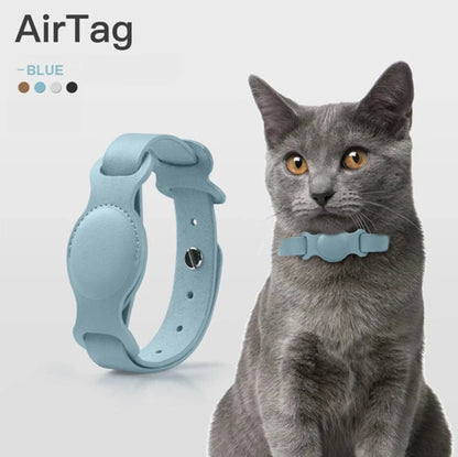 Gray cat wearing a blue leather AirTag collar holder, perfect for stylish and secure pet tracking with comfort and durability.