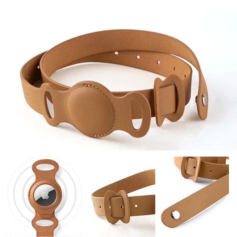 Brown leather AirTag pet collar holder, offering secure tracking and comfort for dogs and cats with durable design and style.