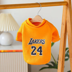 Orange los angeles lakers dog sweater on a hanger in a cozy room