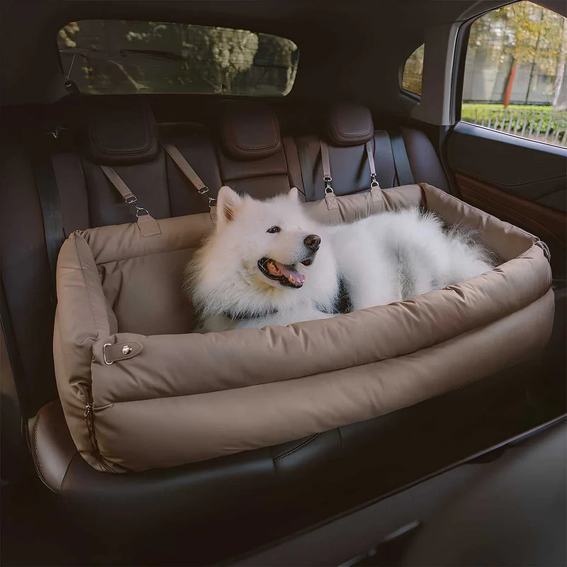 Luxury Elevated Dog Car Travel Bed in knight gray with plush sides and secure fit for dog comfort during car trips.