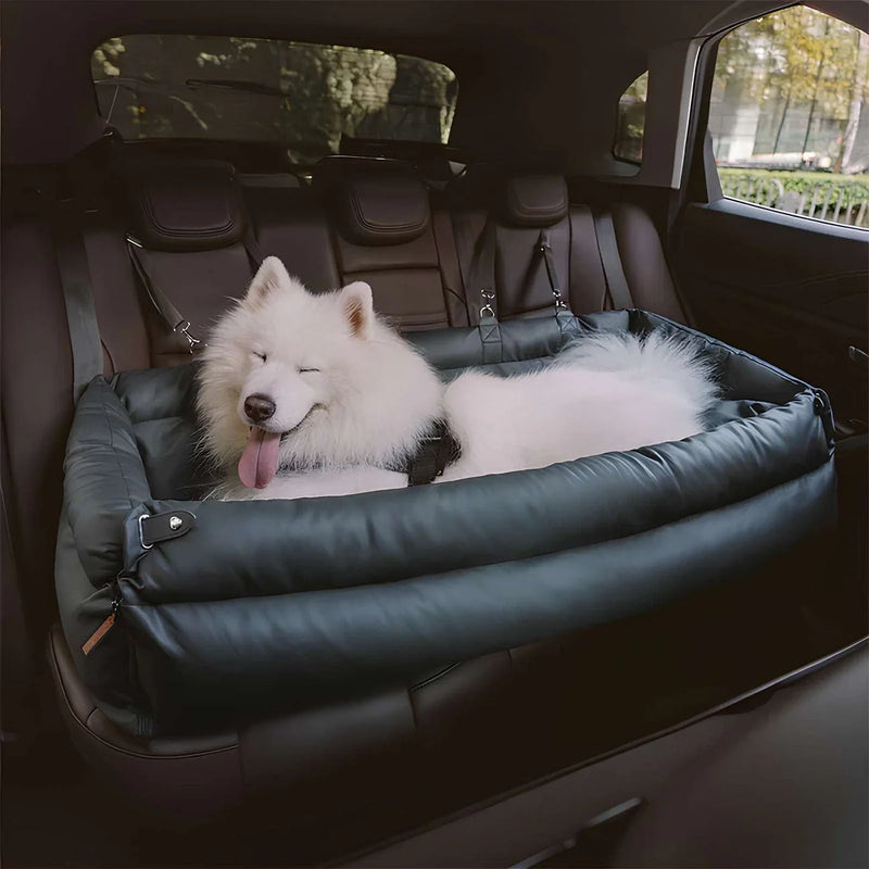 Luxury Elevated Dog Car Travel Bed in ocean blue with comfortable padding and secure harness system for a safe ride.