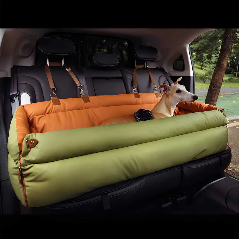 Luxury Elevated Dog Car Travel Bed featuring a mix of orange and green colors with ample cushioning for your dog’s comfort in the car.