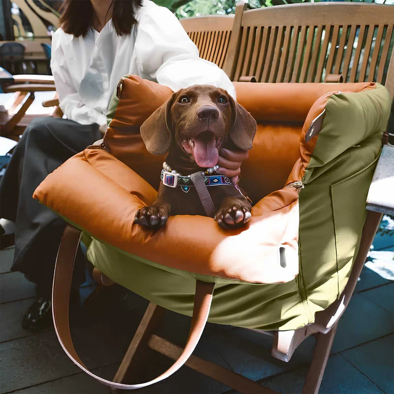 Happy puppy enjoying the luxury elevated dog car travel bed in orange and green with a comfortable, supportive design.