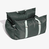 Gray double seat with deep cushions for comfortable travel