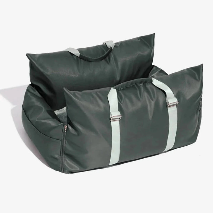 Gray double seat with deep cushions for comfortable travel