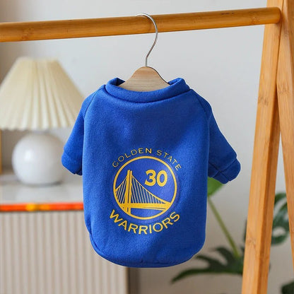 Blue Golden State Warriors dog sweater with number 30, perfect for pet fans of the Warriors and Stephen Curry.