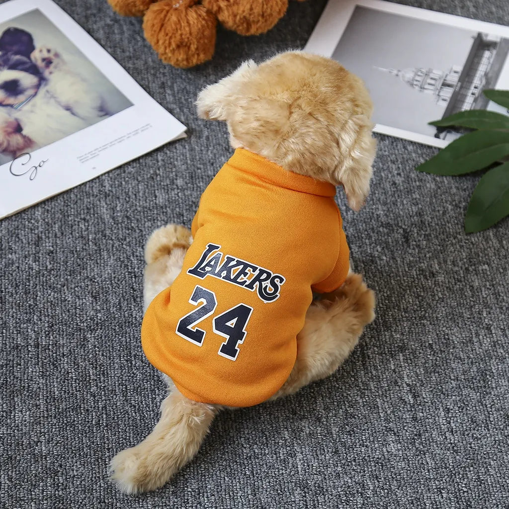 Dog wearing a Lakers #24 sweater, perfect for showing team spirit with your pet in this stylish NBA dog apparel.