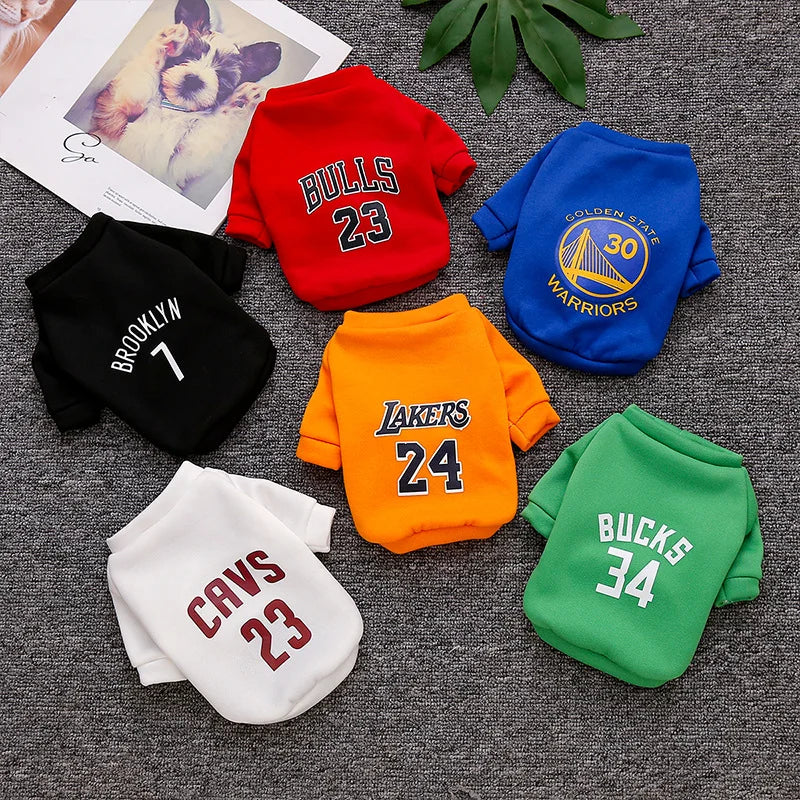 Collection of NBA dog sweaters featuring Lakers, Bulls, Warriors, and more, perfect for stylish sports-loving pets.