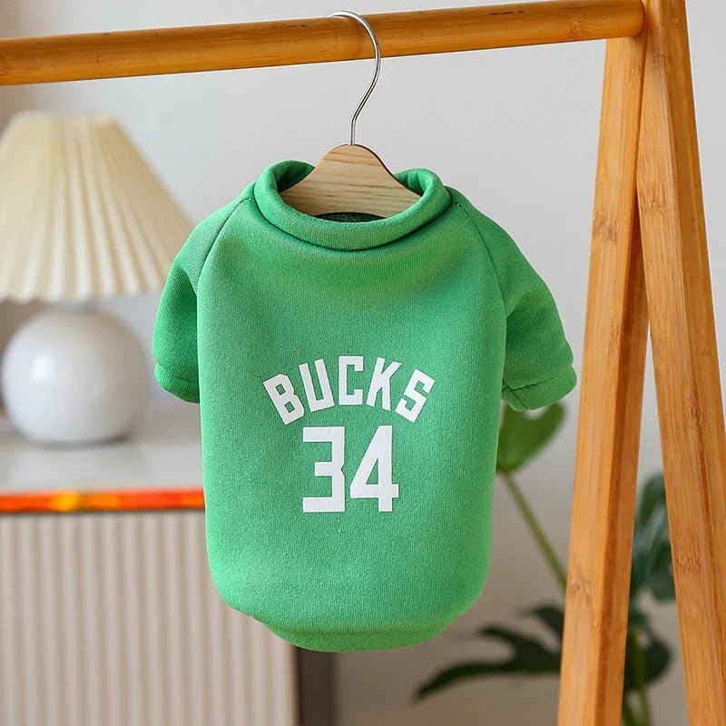 Green Bucks dog sweater with number 34, stylish pet apparel for fans of the Milwaukee Bucks basketball team.