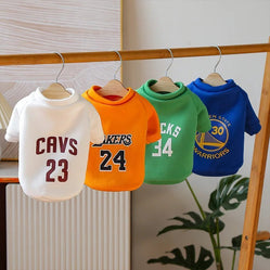 Four dog NBA sweaters options on hangers in white, orange, green, and blue
