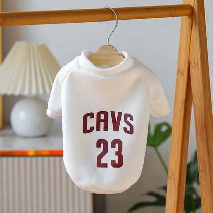 Stylish white Cavaliers dog sweater with number 23, perfect for keeping pets warm and showing off team spirit.