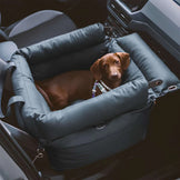 Small ocean blue pet car bed with dachshund inside