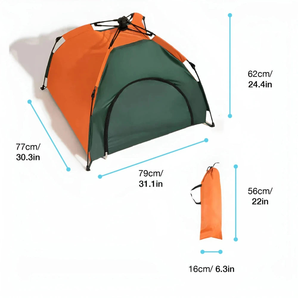 Size chart showing a cat outdoor play tent with measurements and the carry bag