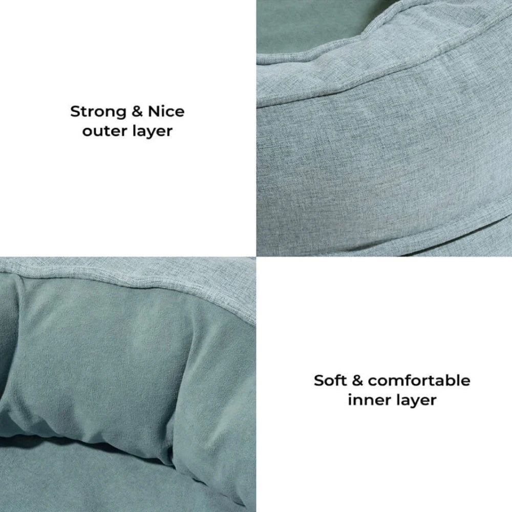 Oval dog bed mattress layers shown with soft inner fabric and outer weave