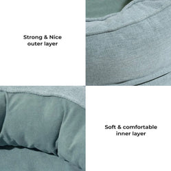 Oval dog bed mattress layers shown with soft inner fabric and outer weave