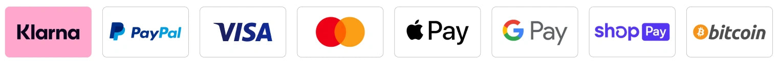 Payment methods including Klarna, PayPal, Visa, Mastercard, Apple Pay, Google Pay, ShopPay, and Bitcoin