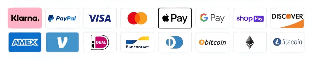 Payment methods: Klarna, PayPal, VISA, Mastercard, Apple Pay, Google Pay, Shop Pay, Discover, AMEX, and crypto options