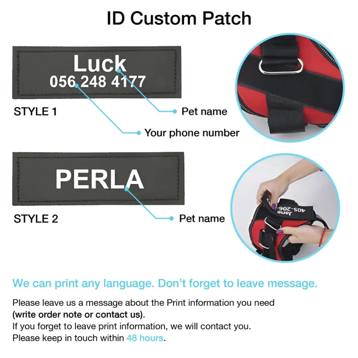 No pull personalized dog harness ID patch options with pet name and phone number