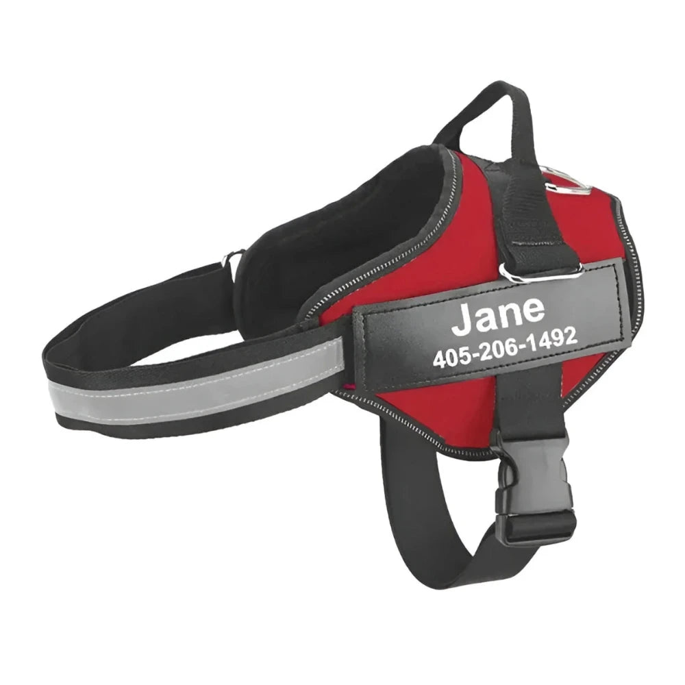 Red personalized dog harness with a custom name on a white background
