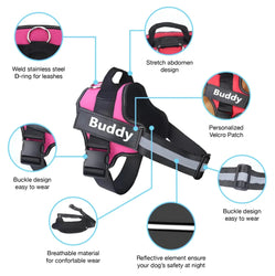 Personalized reflective dog harness with adjustable straps, D-ring for leashes, Velcro patch, and breathable material.