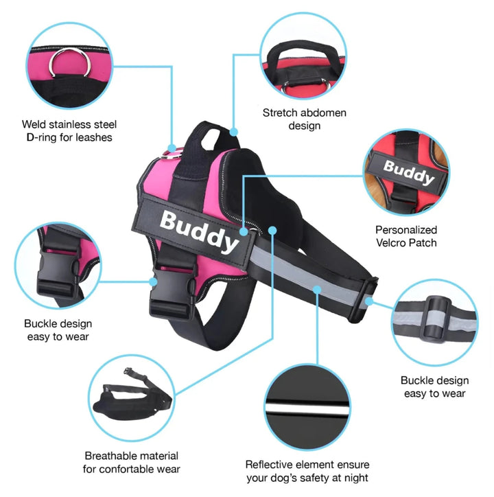 Personalized reflective dog harness with adjustable straps, D-ring for leashes, Velcro patch, and breathable material.