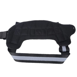 A black personalized reflective dog harness with adjustable straps for comfort and visibility during walks.