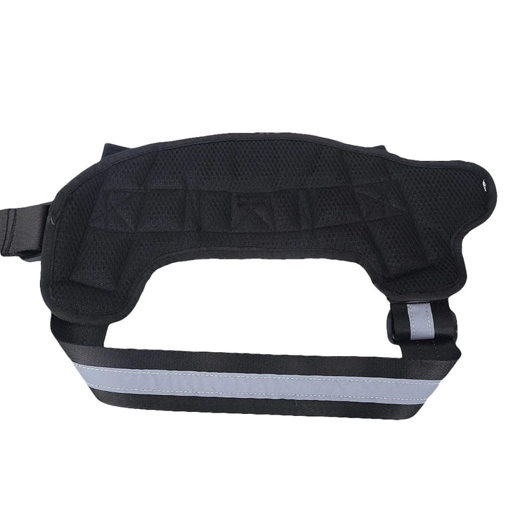 A black personalized reflective dog harness with adjustable straps for comfort and visibility during walks.