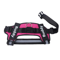 Personalized reflective dog harness in pink with adjustable straps and secure D-ring, perfect for nighttime walks.