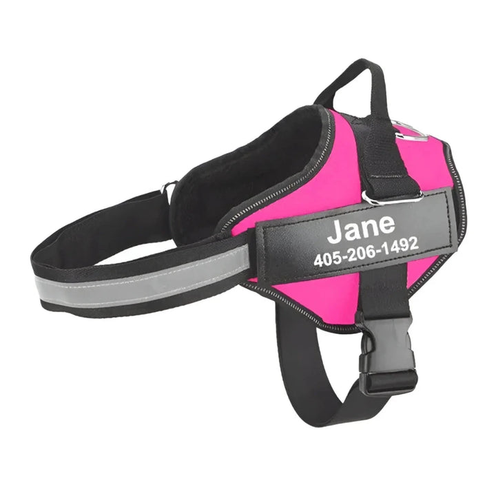 Pink personalized reflective dog harness with custom name tag and phone number, designed for safety and comfort.