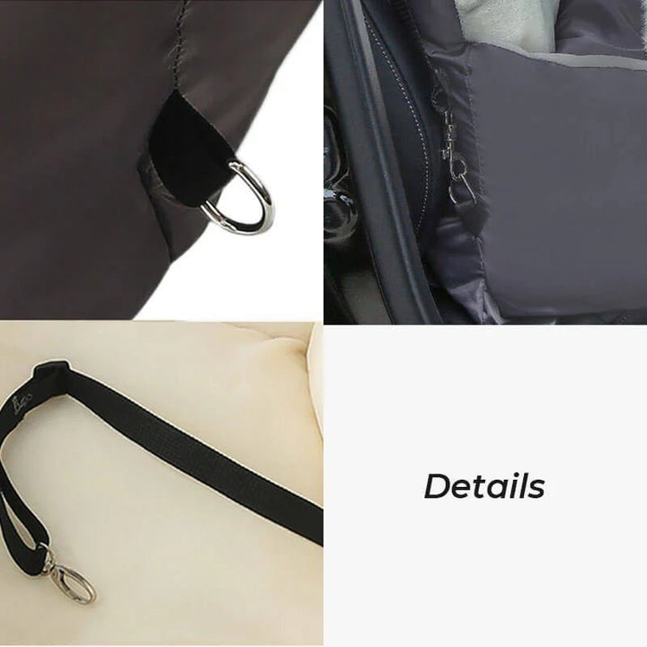 Pet bag for car seat showing strong hooks and safety strap.