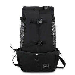 Pet backpack in black color, designed for hands-free walking.