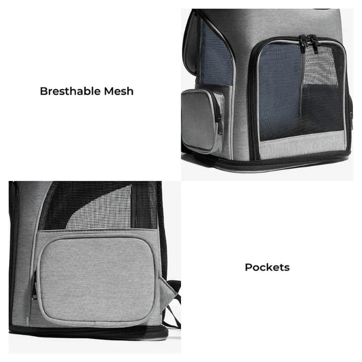 Breathable mesh and storage pockets shown on pet backpacks for cats