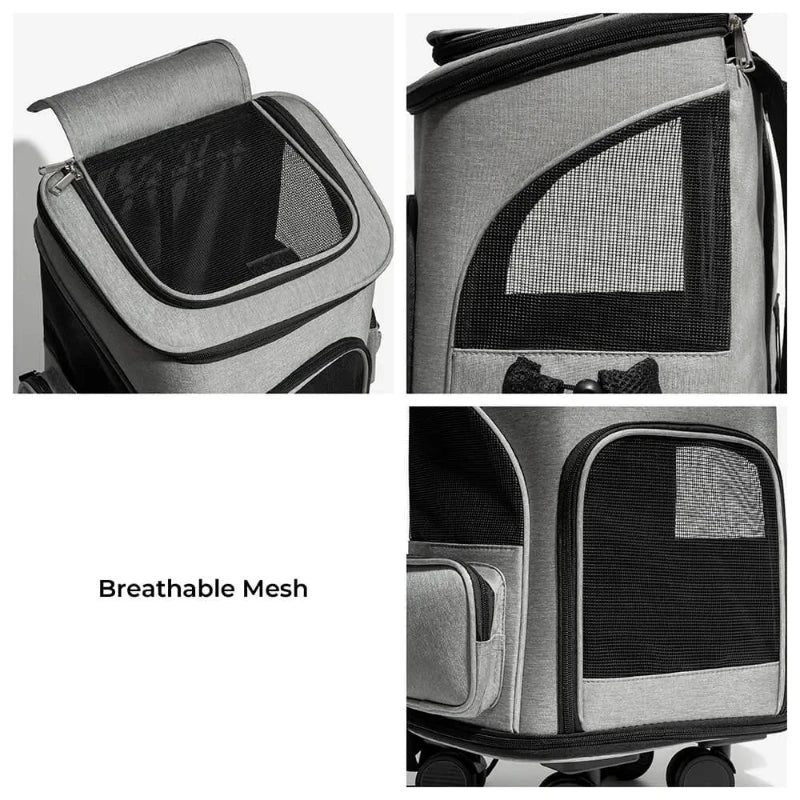 Breathable mesh panels shown on cat travel bags in studio