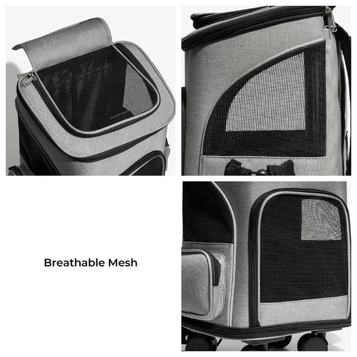 Breathable mesh panels shown on cat travel bags in studio